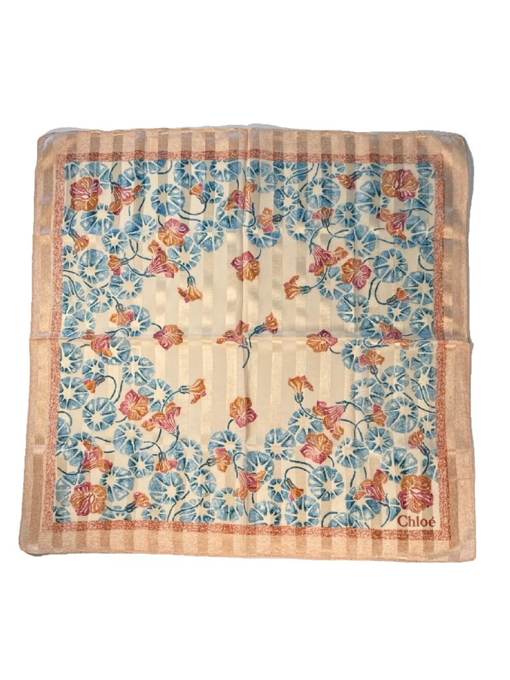Vintage Chloé Floral Scarf Cotton Soft Pastel Stripe Border